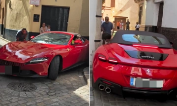 Ferrari supercar stuck in old town