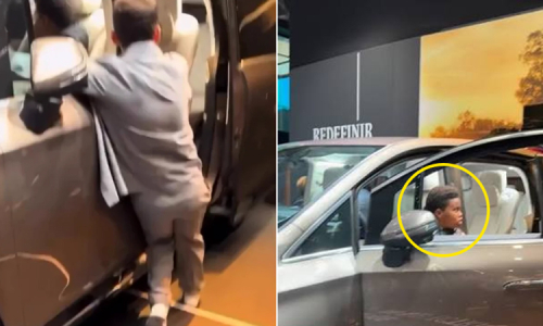 A boy reverses Mercedes van, crashing into exhibition wall