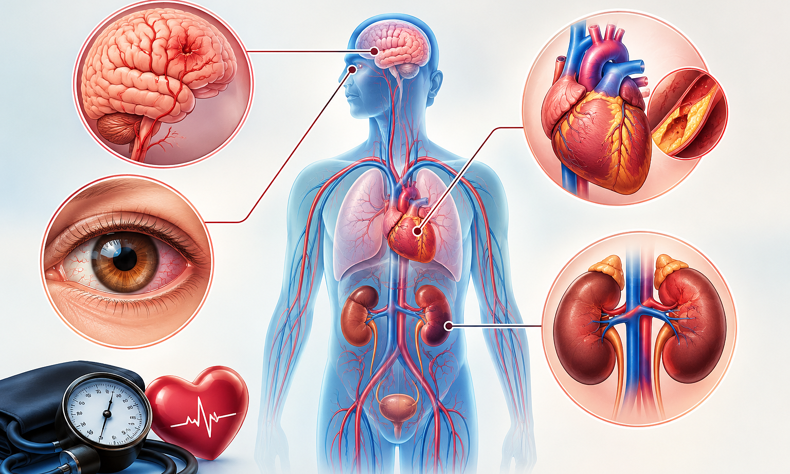 What happens to the body with prolonged high blood pressure?